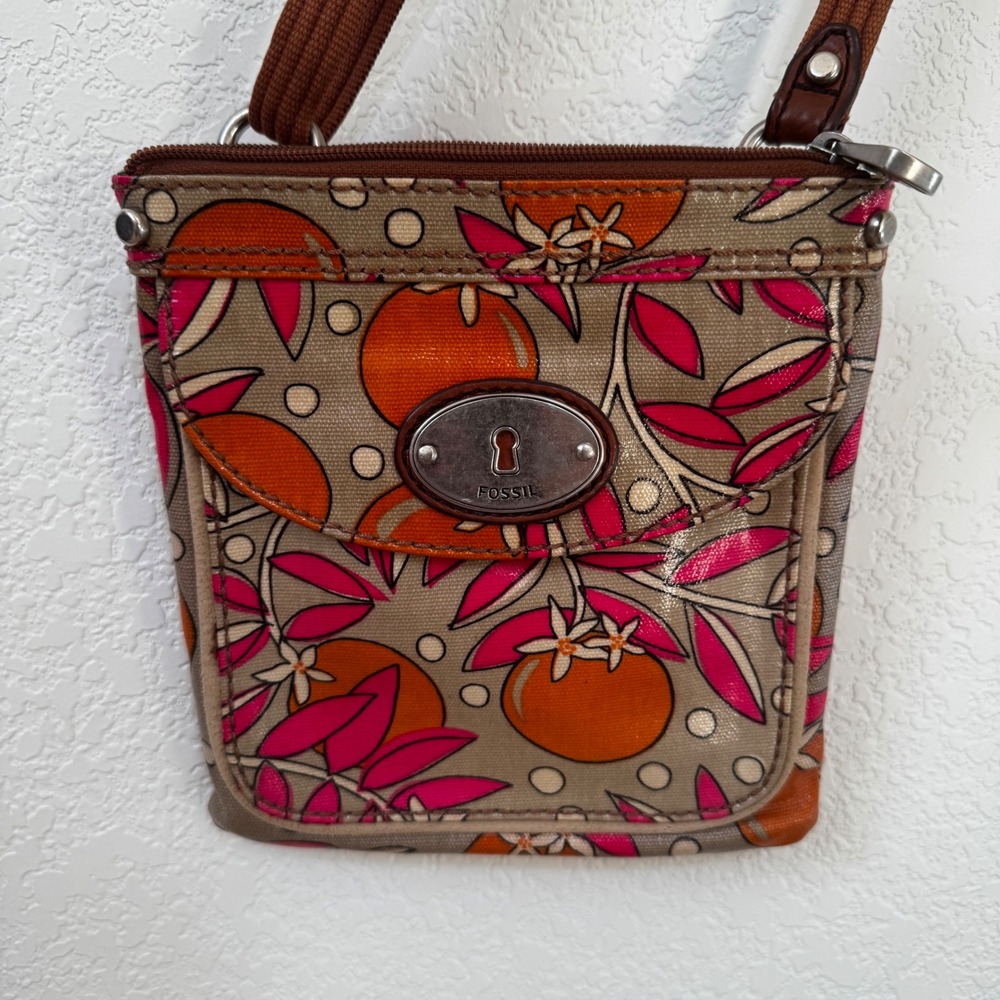 Fossil Key Per Orange Blossom Floral‎ Crossbody Bag Tan Pink